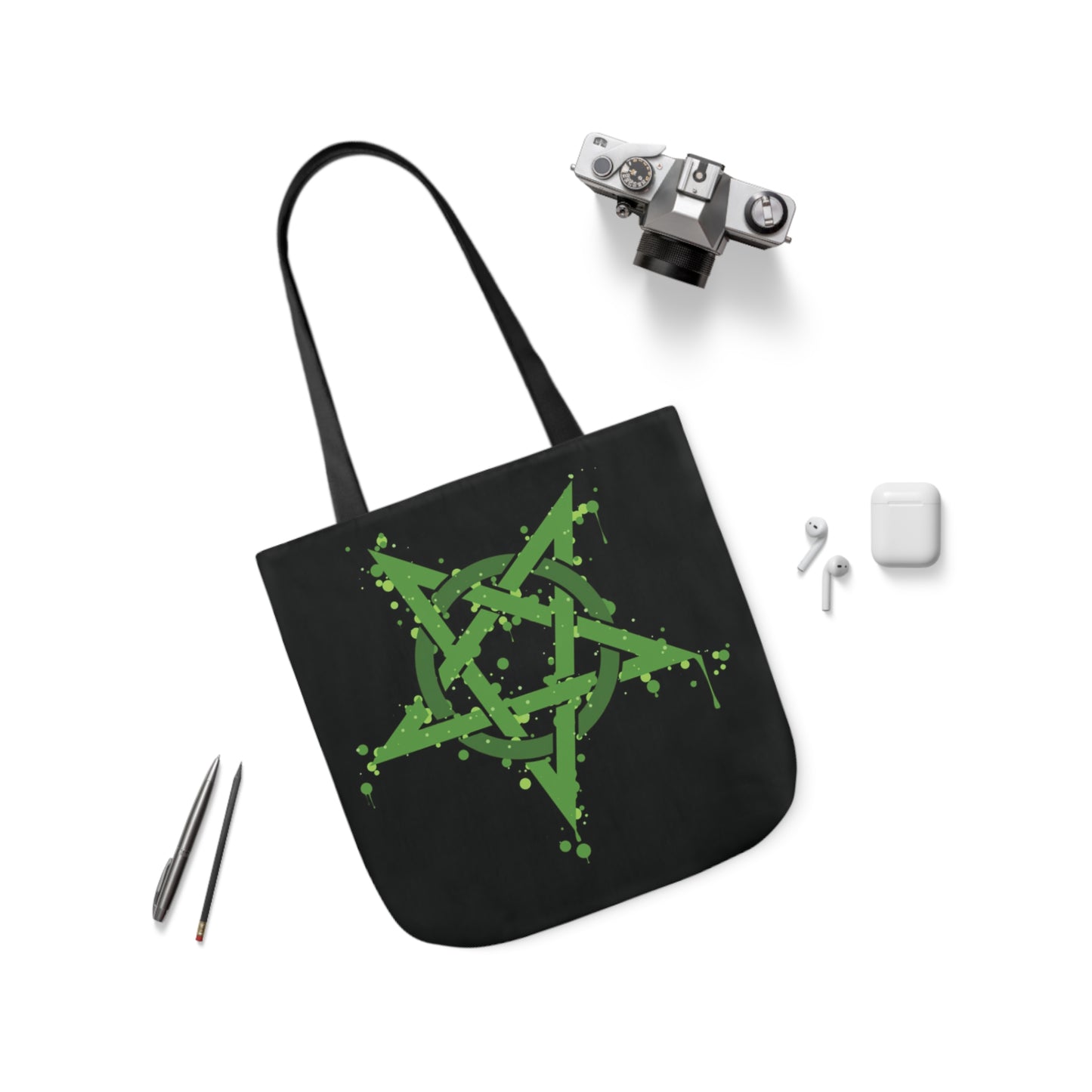 Green Inverted Spotted Pentagram Shoulder Tote Bag