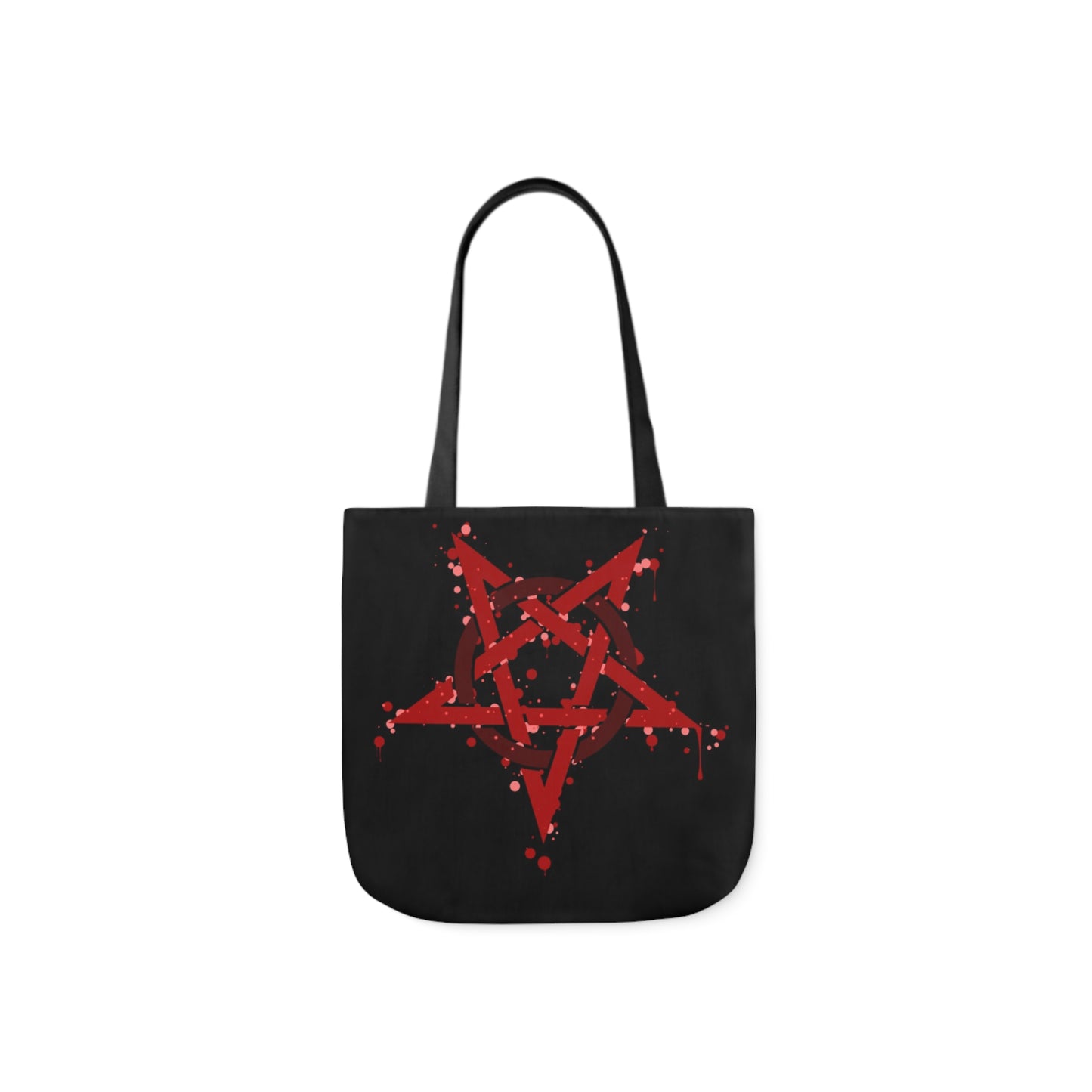 A canvas shoulder tote bag with a design of a red inverted spotted pentagram on a black background.