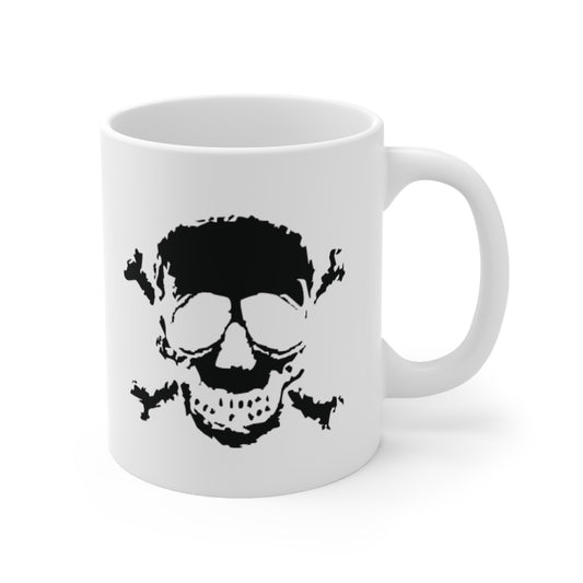 A white ceramic coffee mug with a design of a distressed black skull and crossbones