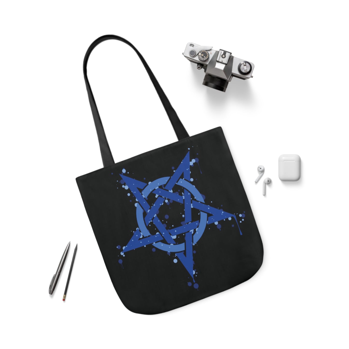 Blue Inverted Spotted Pentagram Shoulder Tote Bag