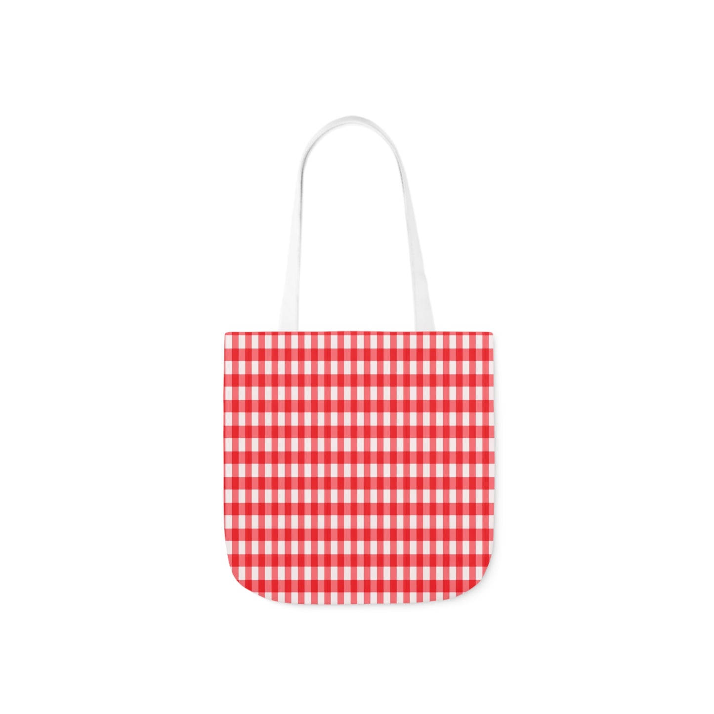 A canvas shoulder tote bag with a design of red check pattern