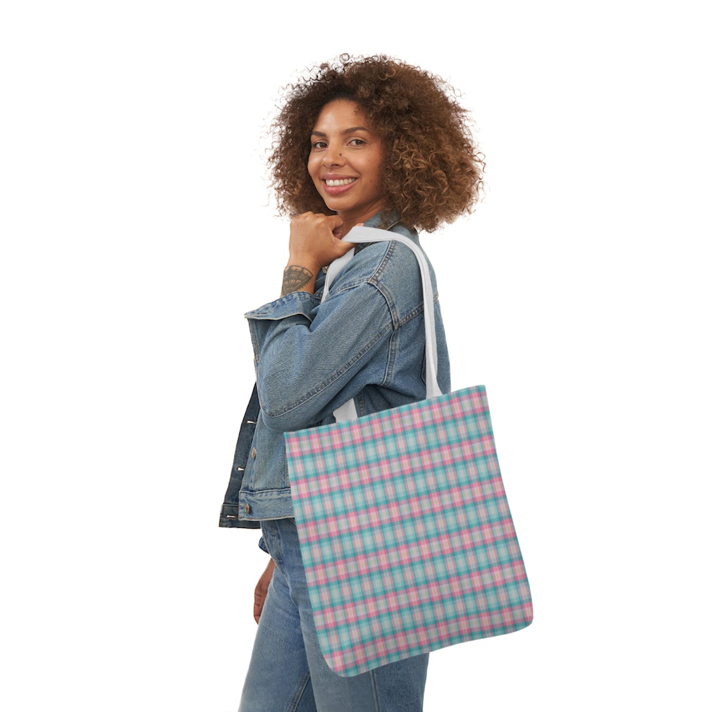 Baby Blue And Light Pink Gingham Check Pattern Shoulder Tote Bag