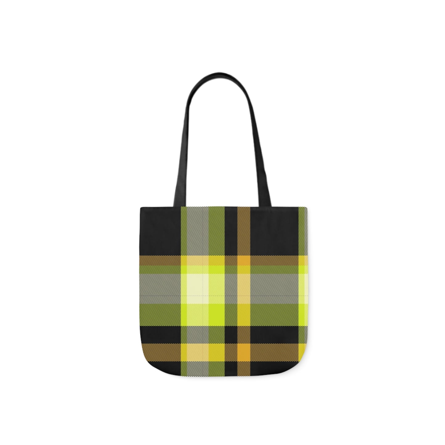 A canvas shoulder tote bag with a design of a black and yellow tartan plaid pattern.