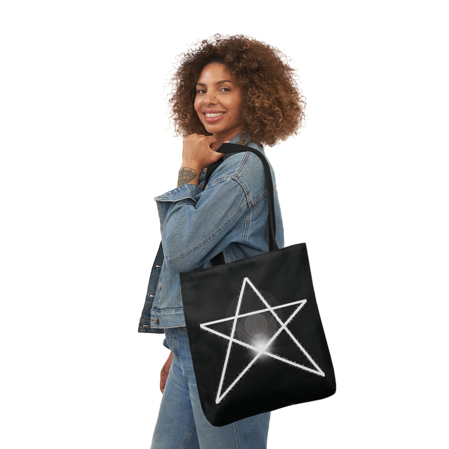 White Pentagram Witches Pentacle Black Shoulder Tote Bag