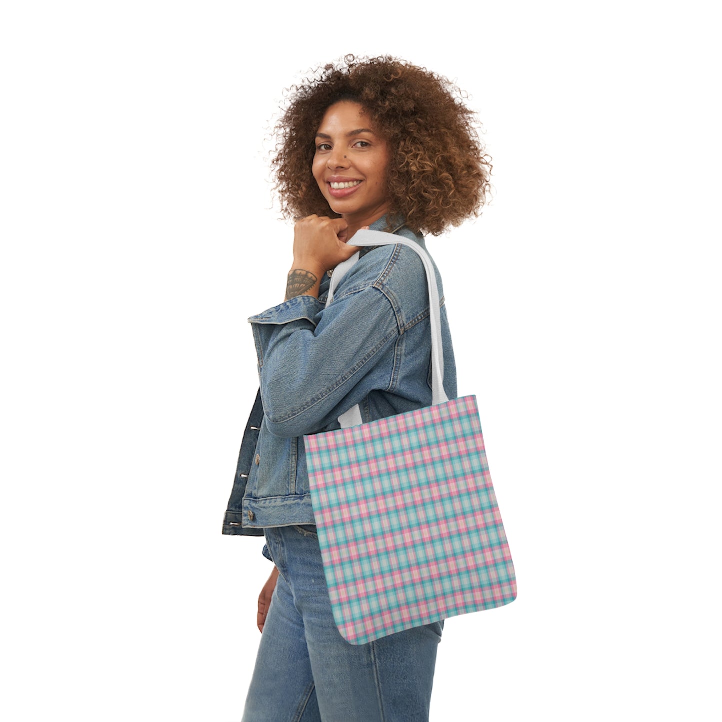 Baby Blue And Light Pink Gingham Check Pattern Shoulder Tote Bag