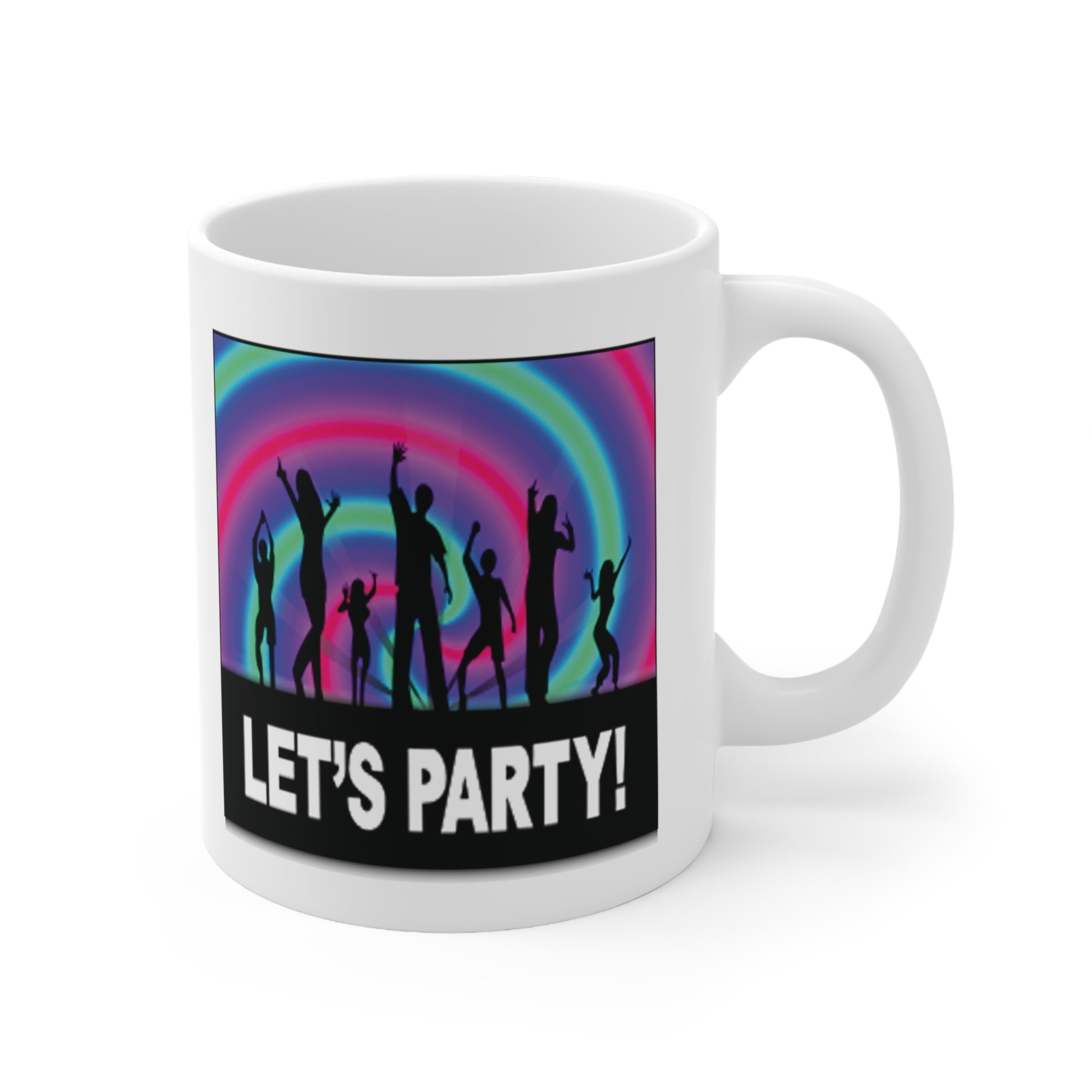 A white ceramic coffee mug with a design of party dancers on a rainbow swirl background. The quote reads: Let's Party!