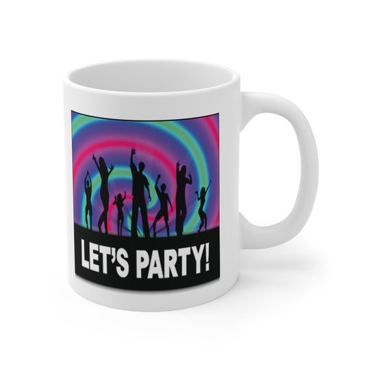 A white ceramic coffee mug with a design of party dancers on a rainbow swirl background. The quote reads: Let's Party!