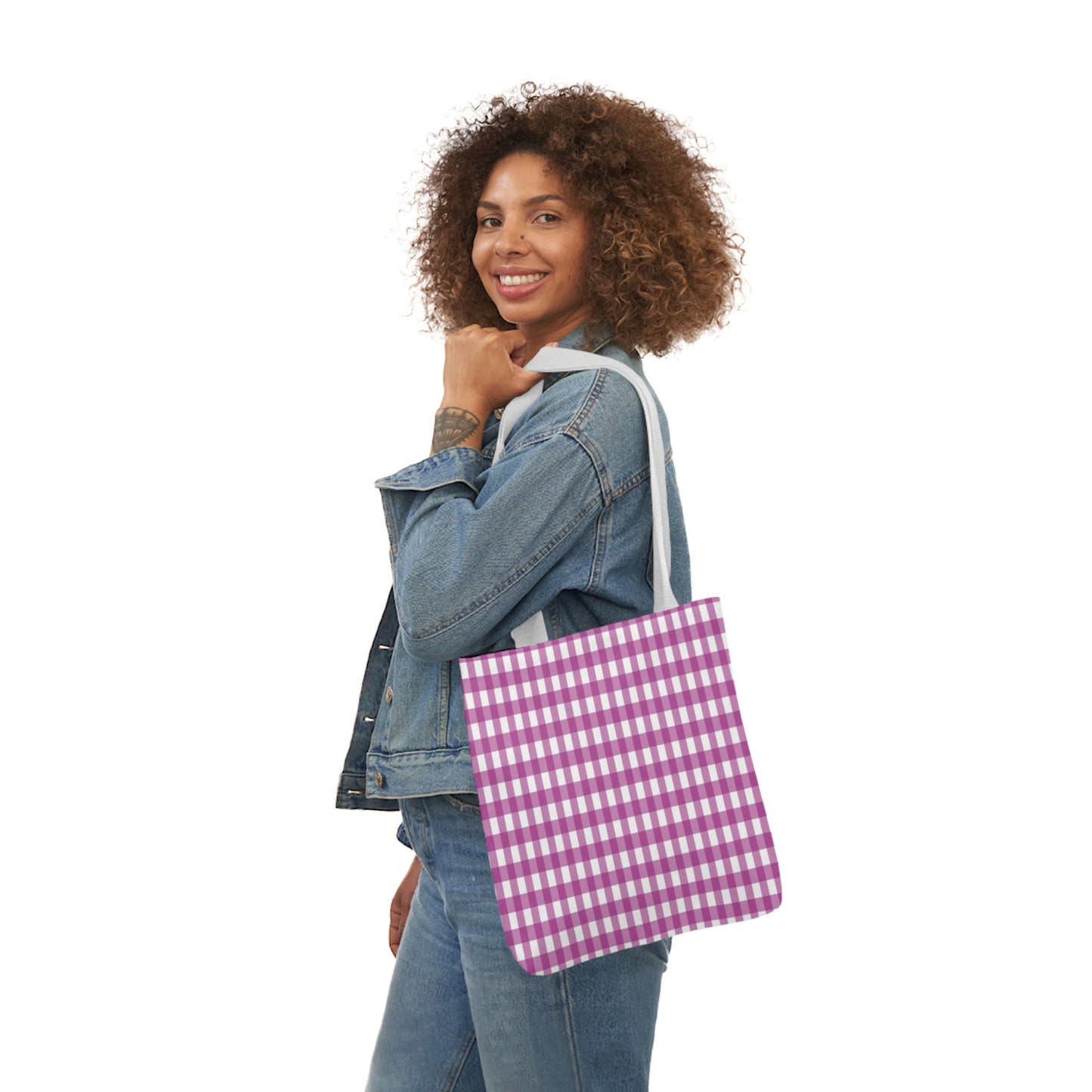 Purple Check Pattern Shoulder Tote Bag