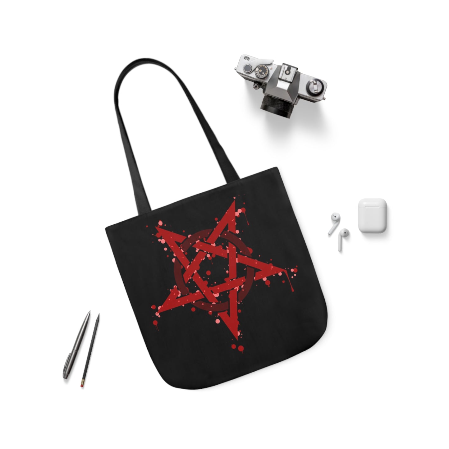 Red  Inverted Spotted Pentagram Shoulder Tote Bag