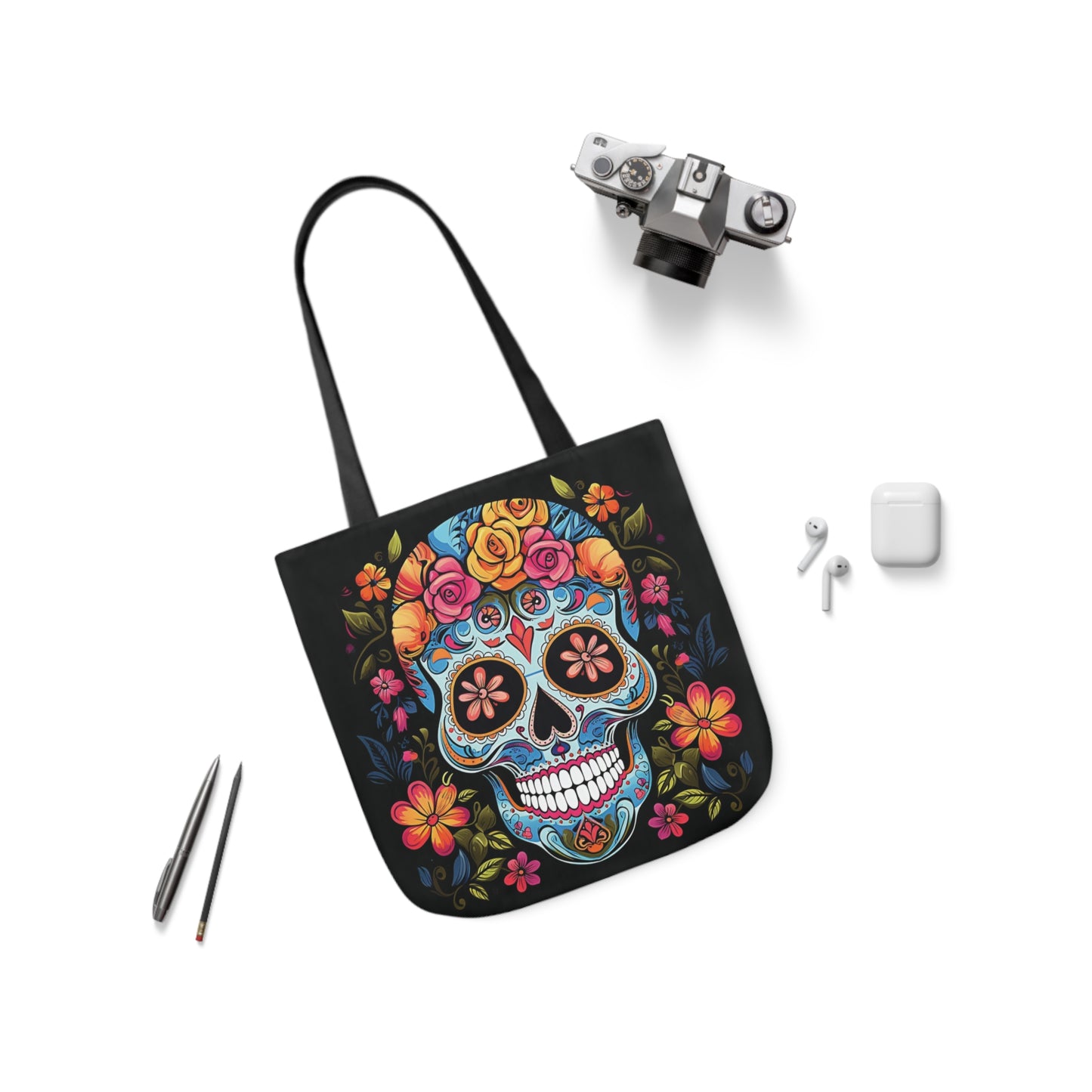 Blue Sugar Skull With Bright Flowers Shoulder Tote Bag