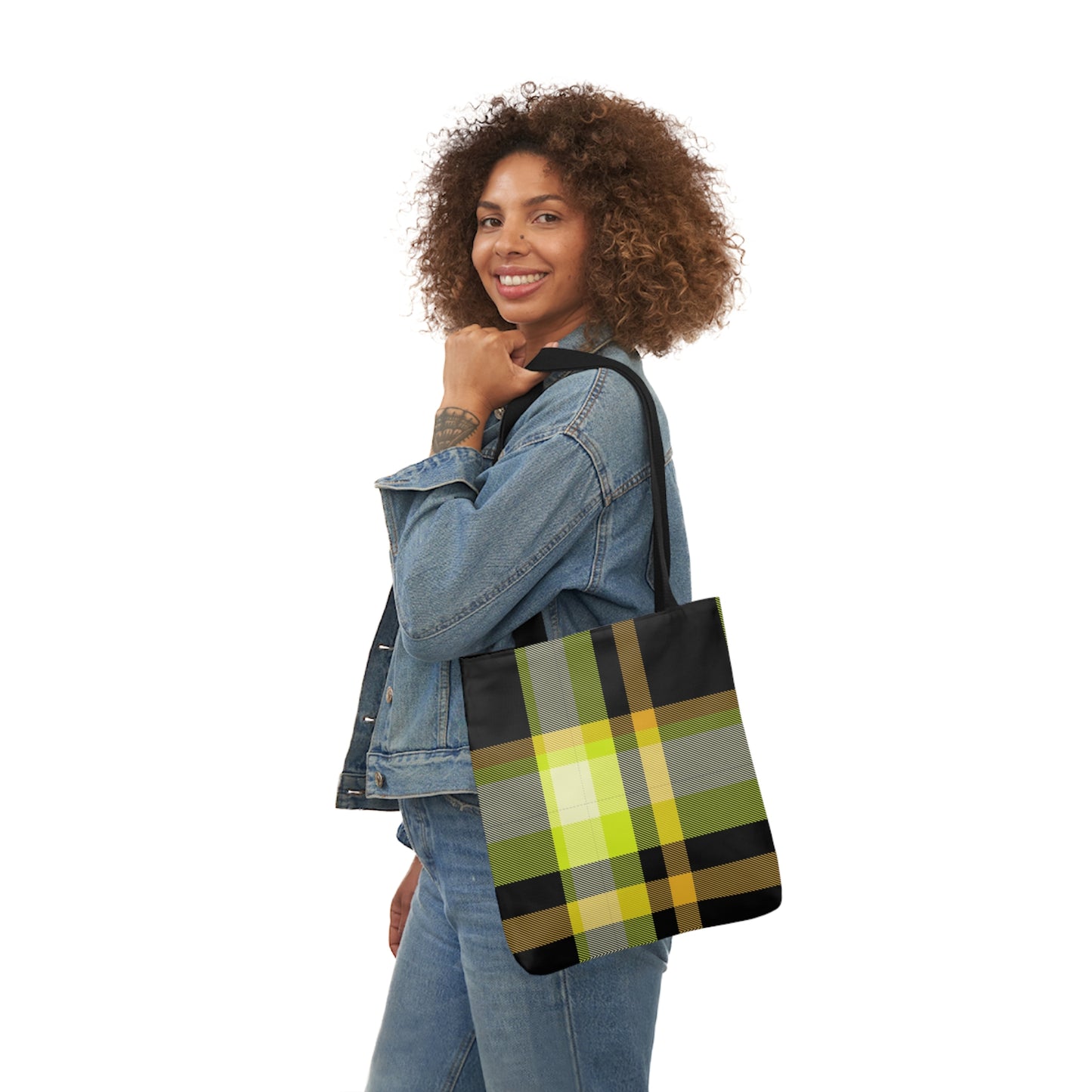 Black And Yellow Tartan Pattern Shoulder Tote Bag