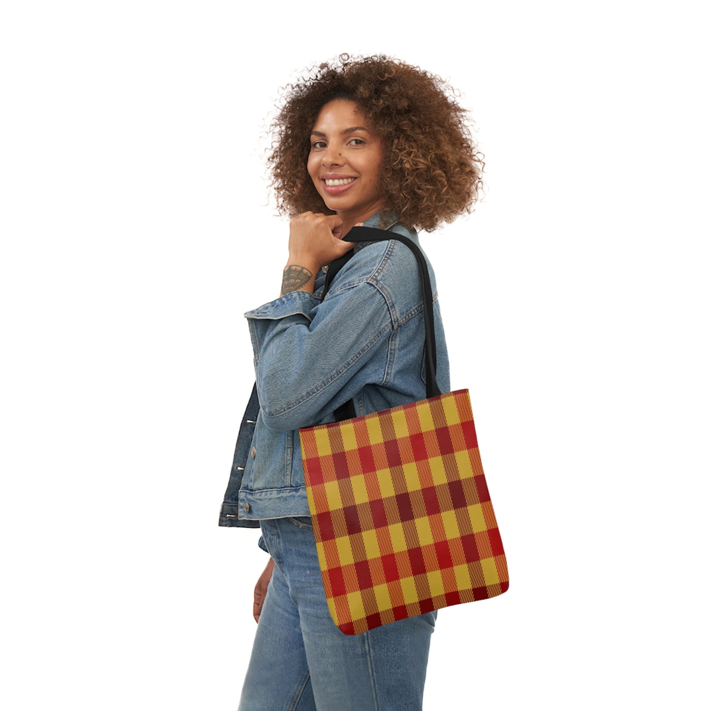 Red And Yellow Tartan Check Shoulder Tote Bag