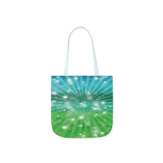 A canvas shoulder tote bag with a design of blue and green stripes with a pattern of starbursts.