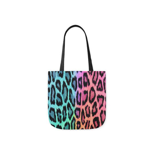 A canvas shoulder tote bag with a design of a rainbow leopard pattern. The bag handles are black.