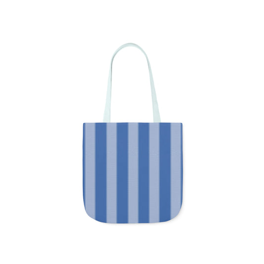 A canvas shoulder tote bag with a design of sky blue and ice blue stripes pattern.