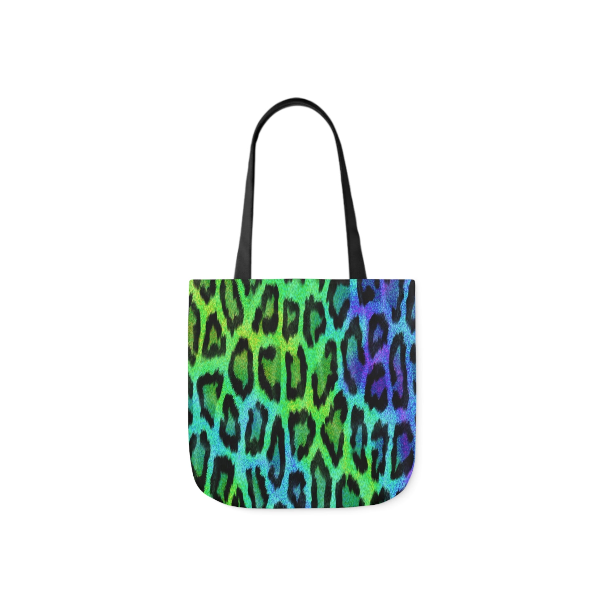 A canvas shoulder tote bag with a design of a green and blue coloured leopard print pattern.