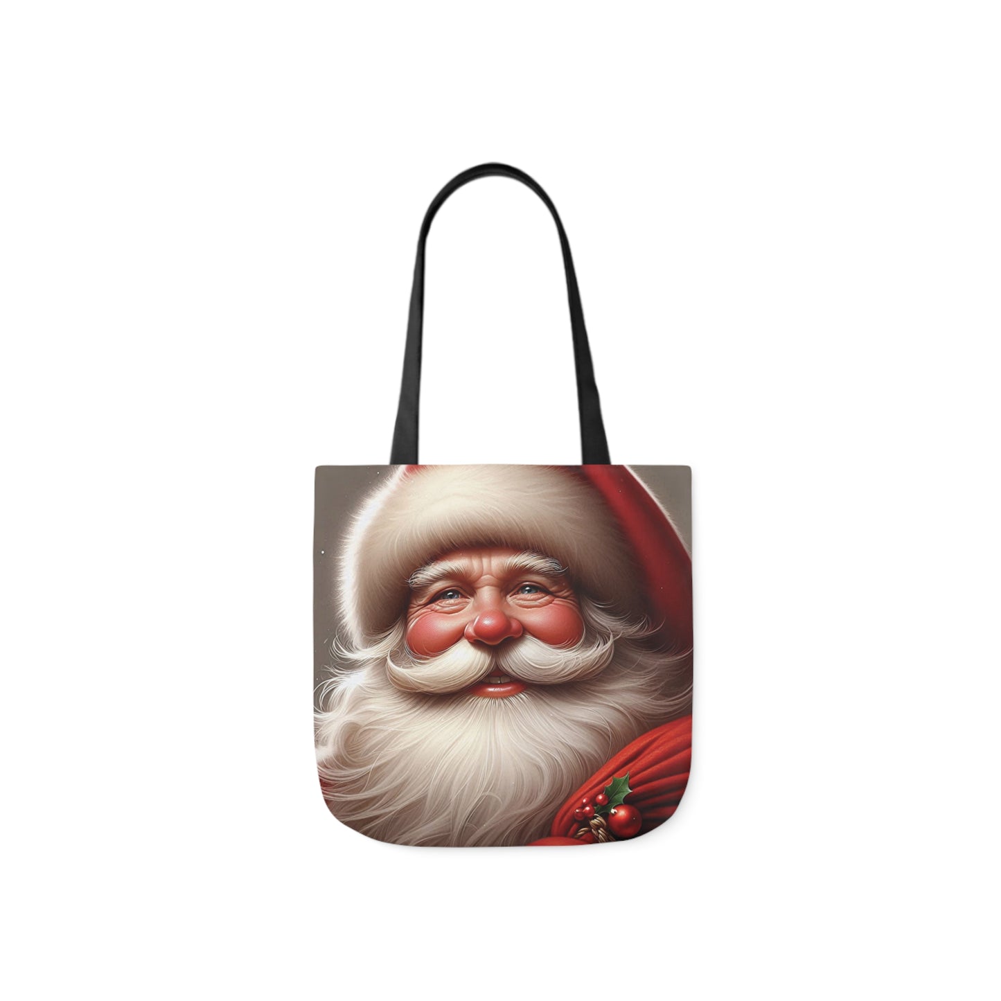 A canvas shoulder tote bag with a design of a smiling happy Santa Claus.