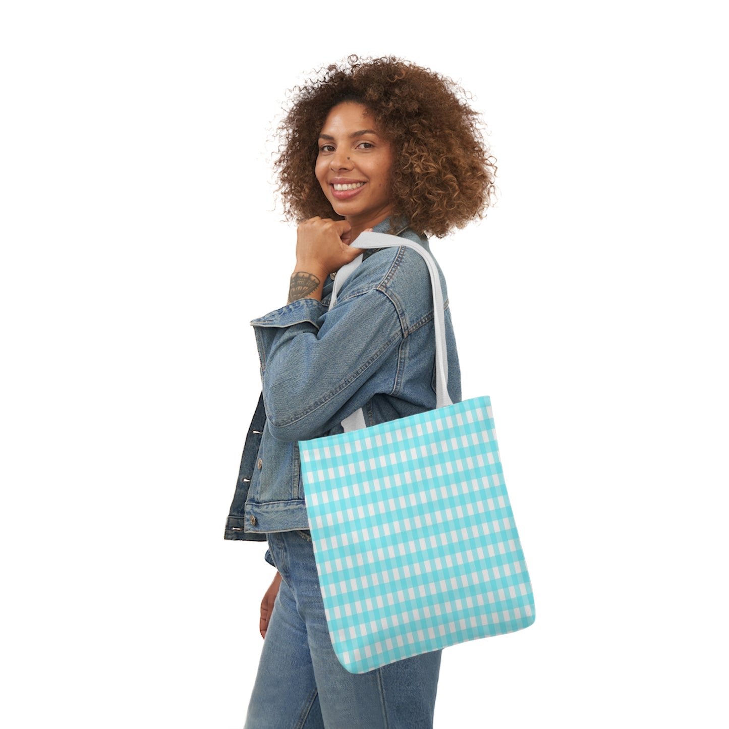 Aqua Blue and White Check Pattern Shoulder Tote Bag