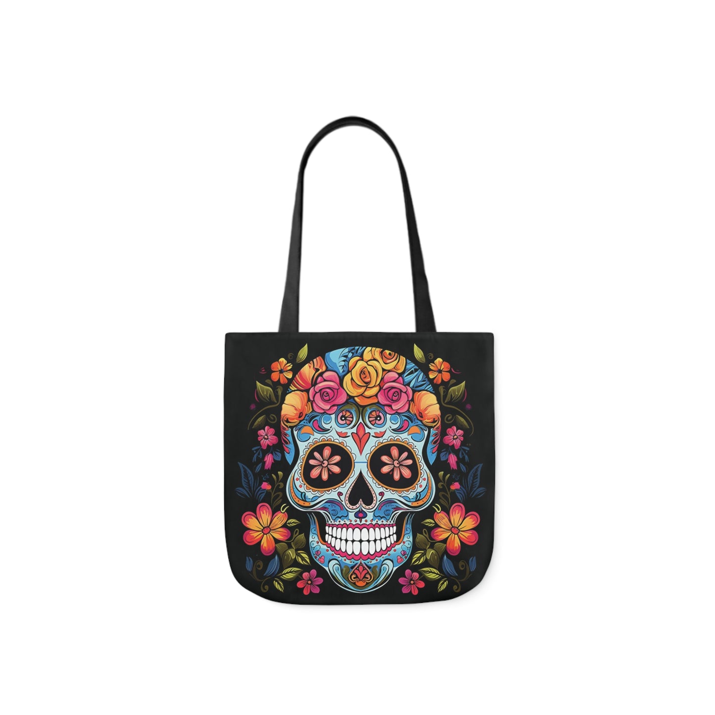 A canvas shoulder tote bag with a design of  blue sugar skull with beautiful brightly coloured flowers on a black background.