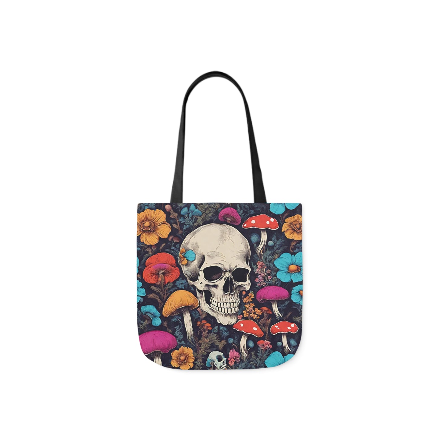 A canvas shoulder tote bag with a design of a skull with magic toadstools and flowers.