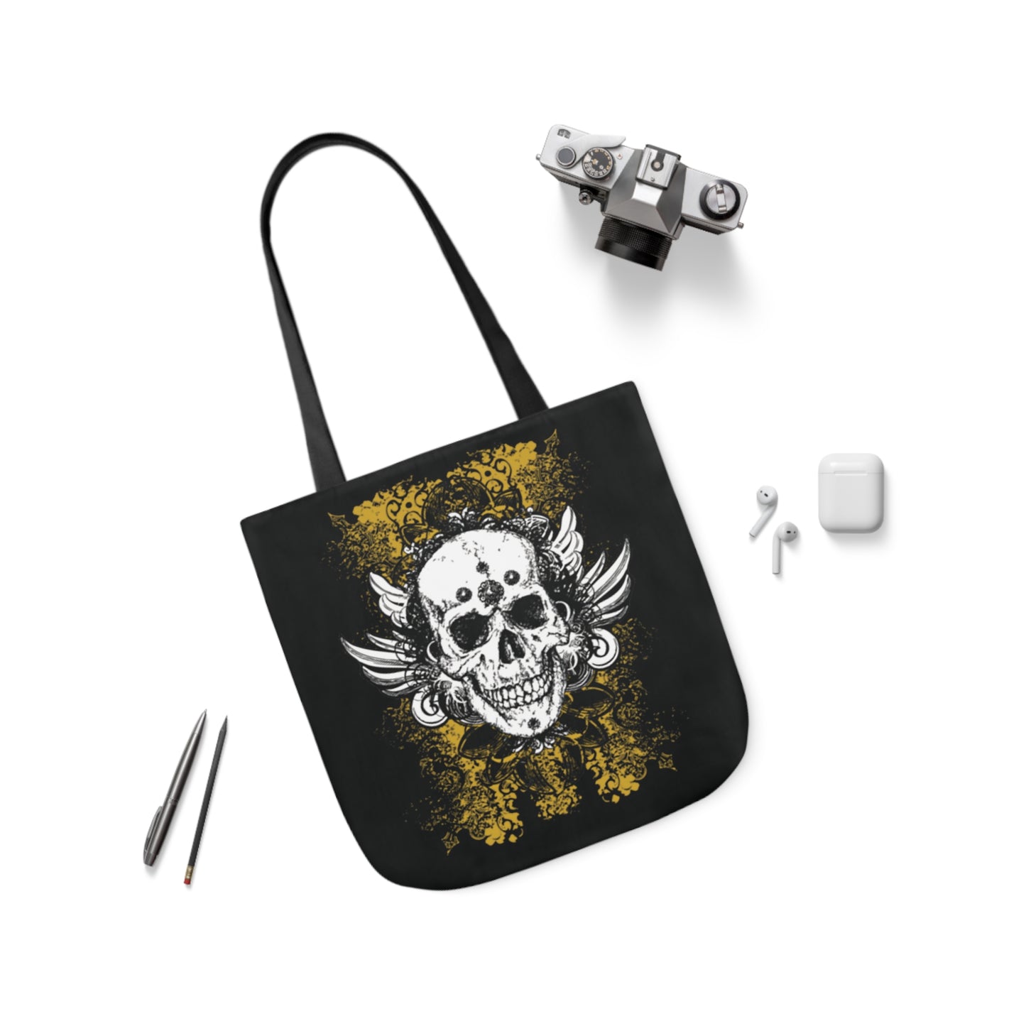 Vintage Grunge Skull Wings Yellow Lace Graffiti Shoulder Tote Bag