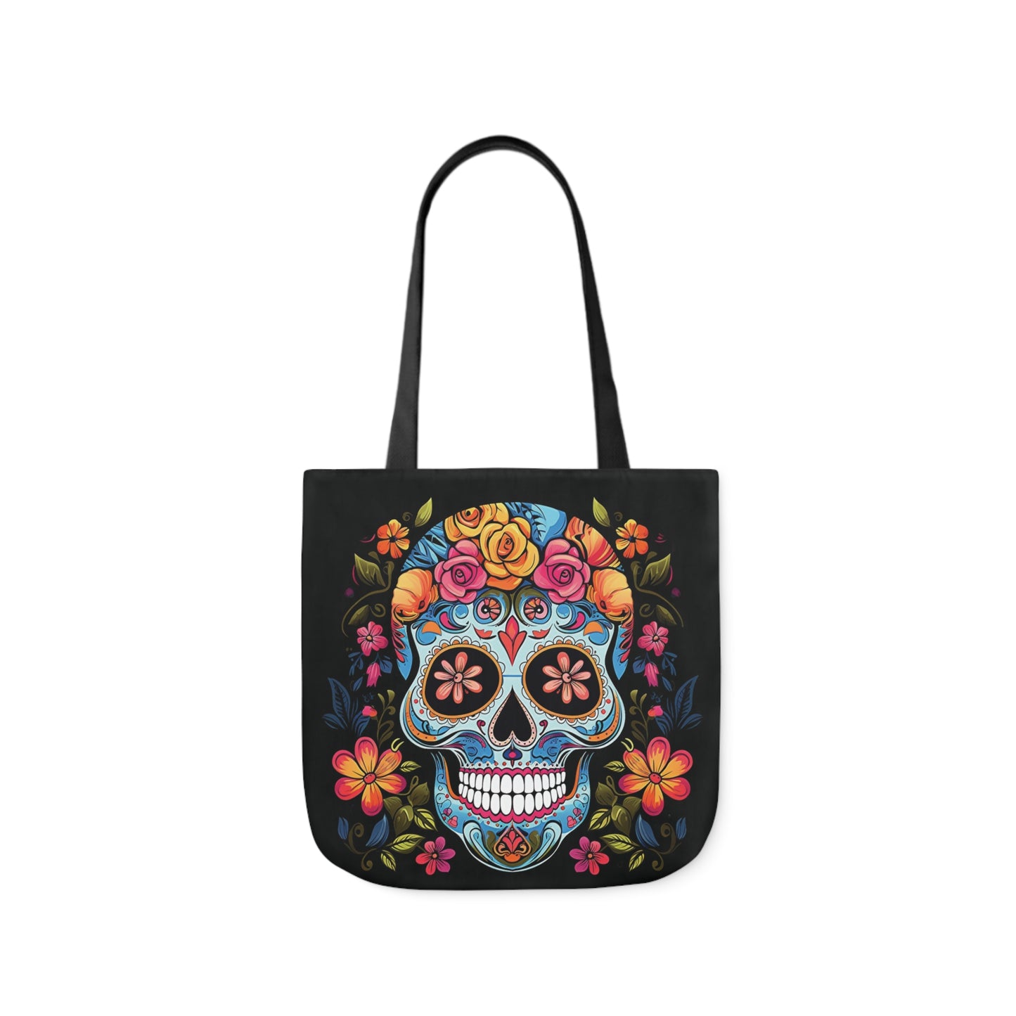 Blue Sugar Skull With Bright Flowers Shoulder Tote Bag