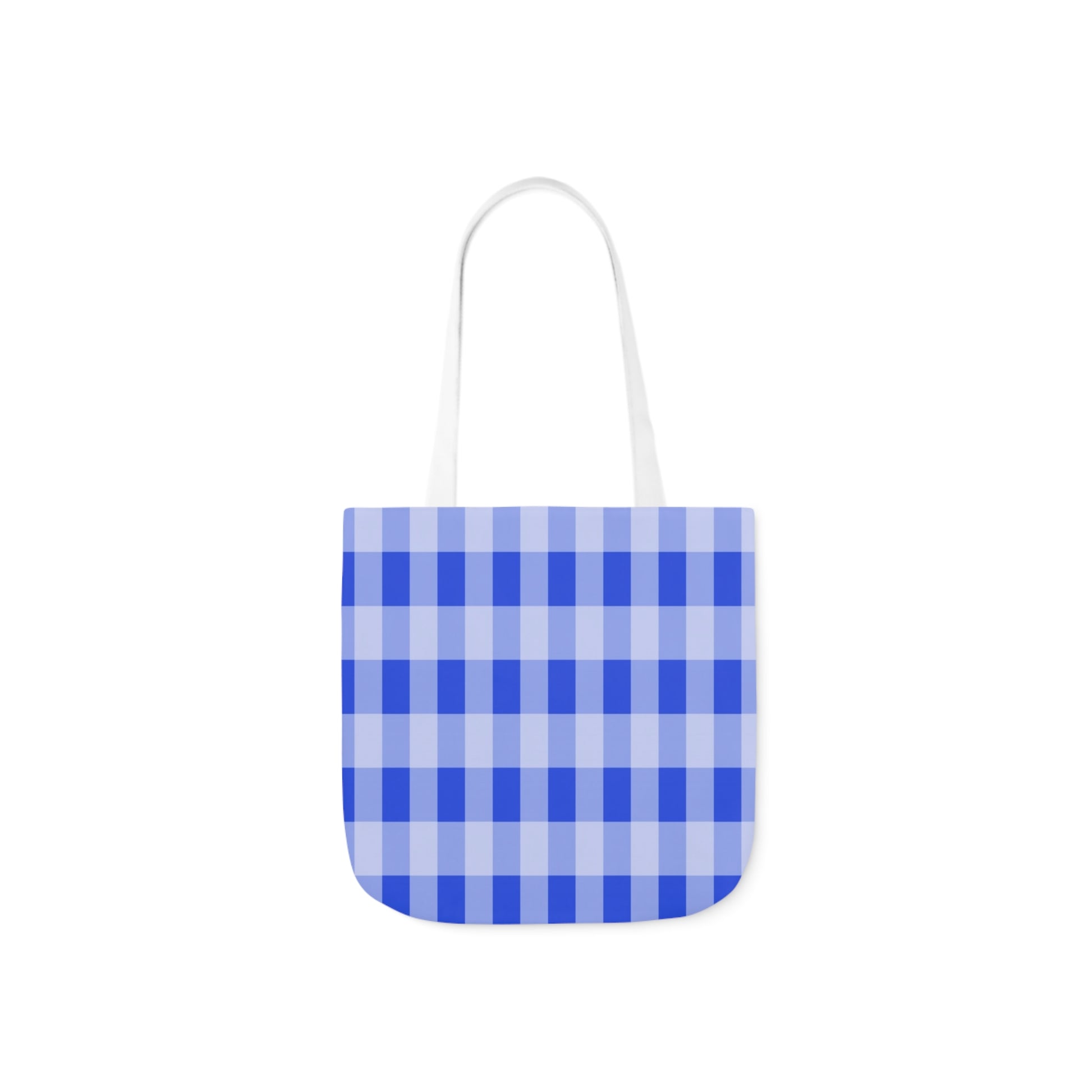 A canvas shoulder tote bag with a design of a blue gingham check pattern.