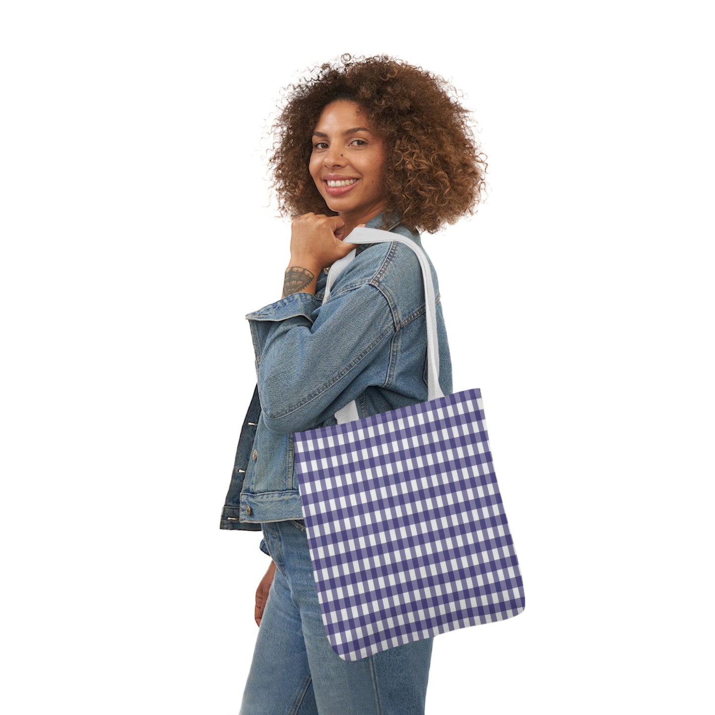 Navy Blue and White Check Pattern Shoulder Tote Bag