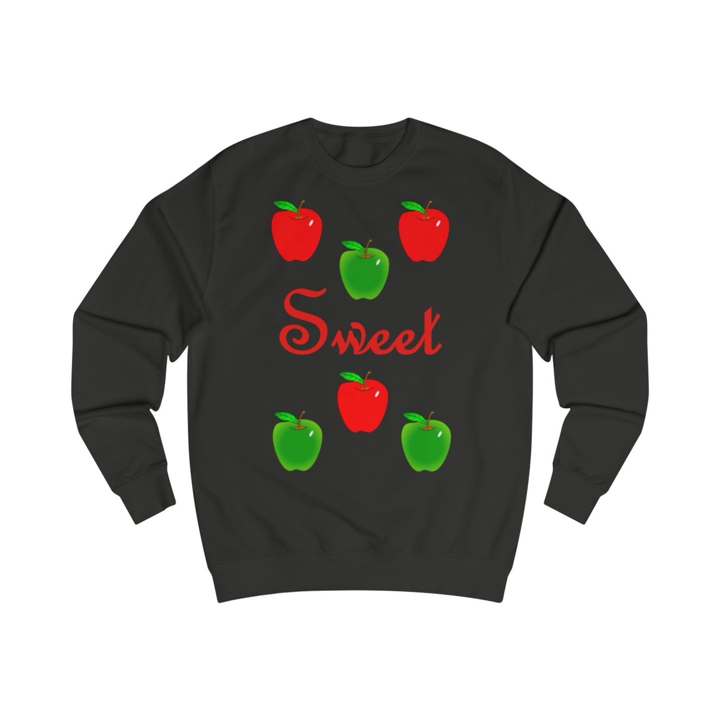 A black sweatshirt with a design of red and green apple and the word: Sweet