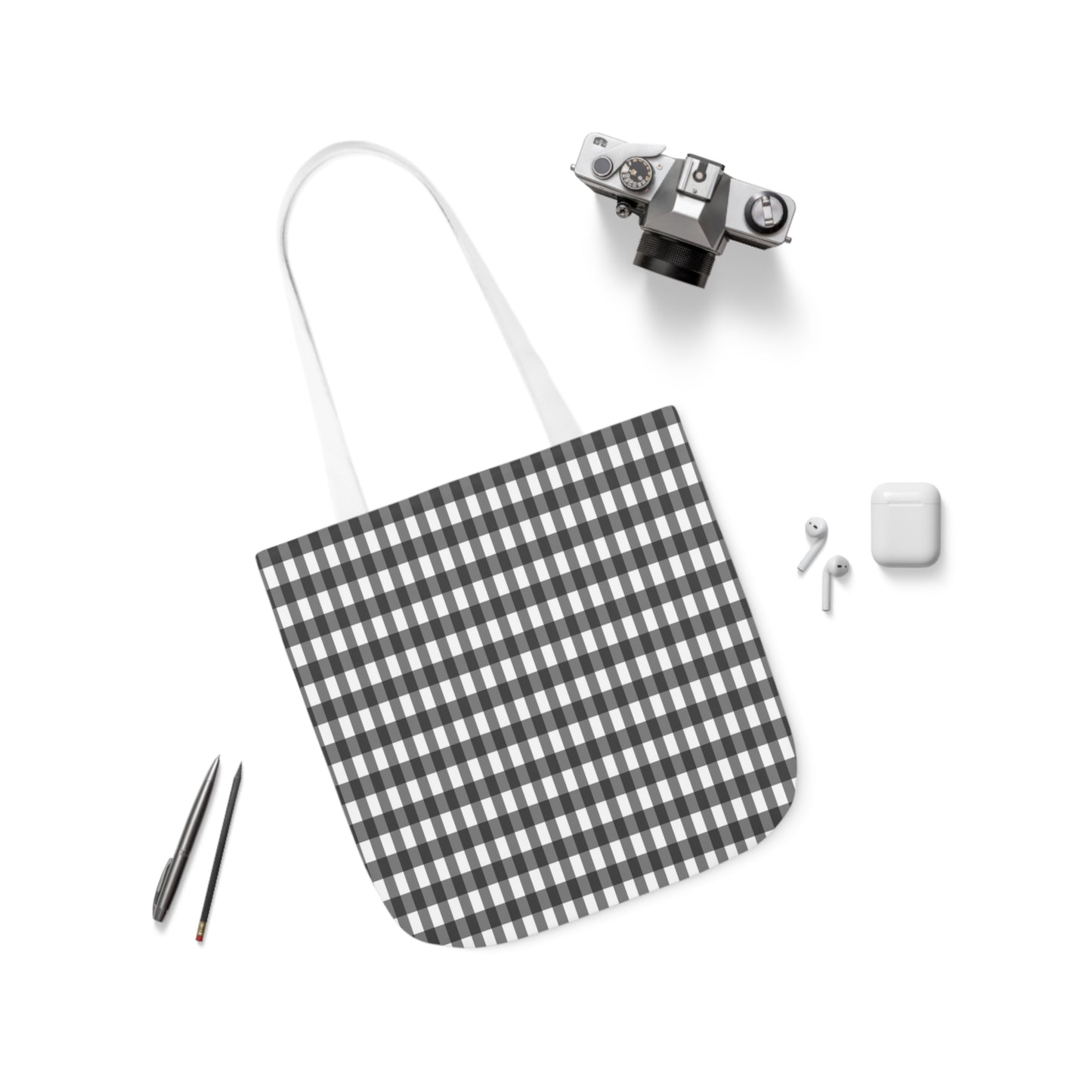 Grey And White Gingham Check Pattern Shoulder Tote Bag