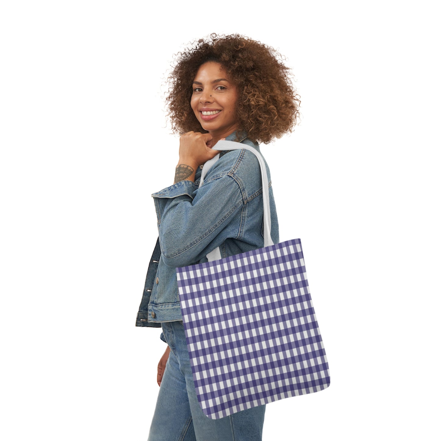 Navy Blue and White Check Pattern Shoulder Tote Bag