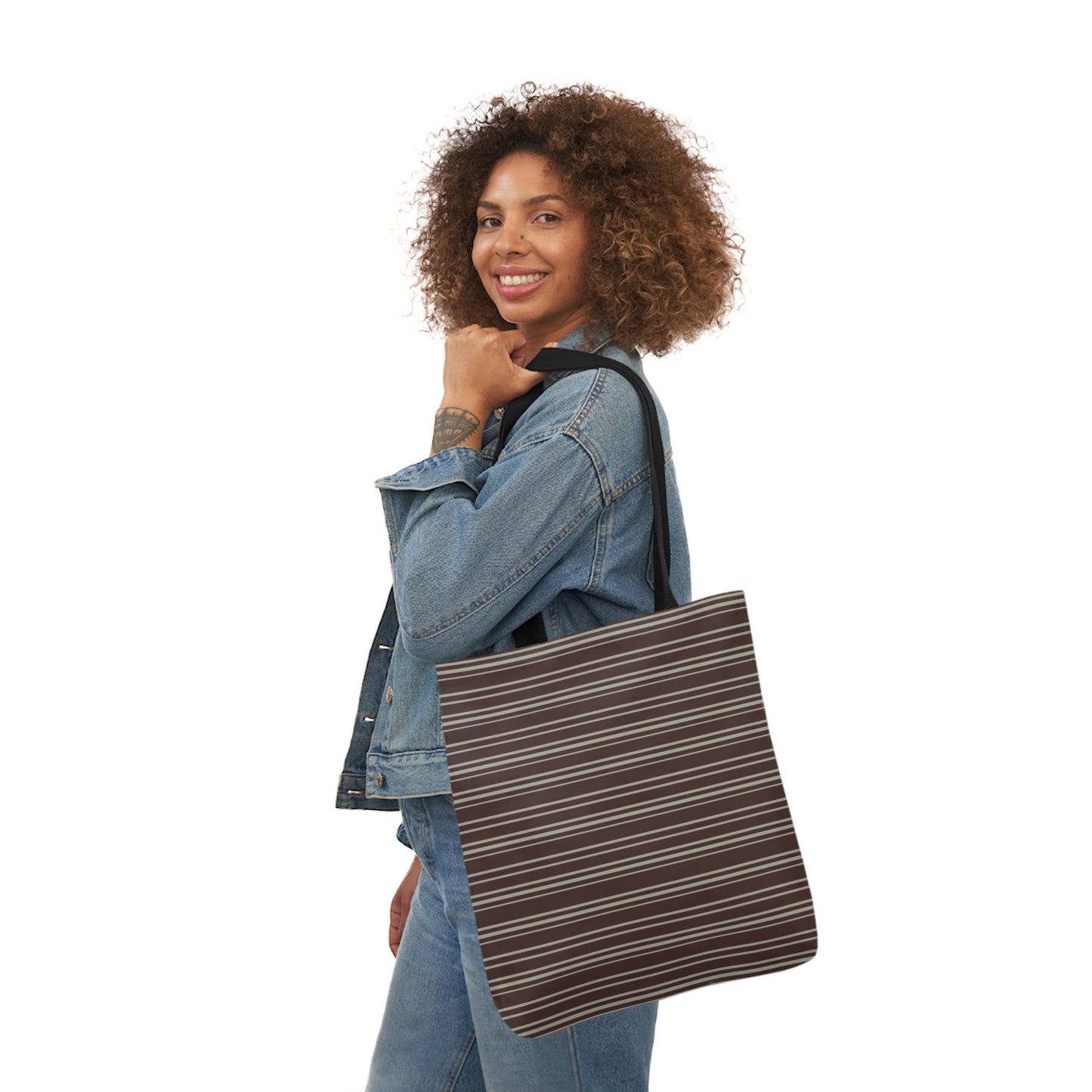 Dark Chocolate Brown Stripes Pattern Shoulder Tote Bag