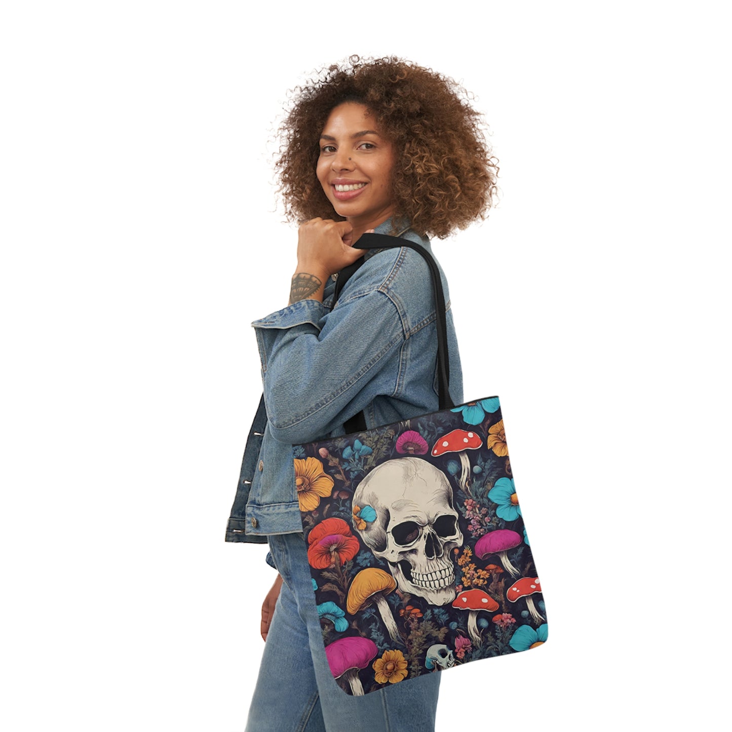 Skull With Magic Toadstools And Flowers Shoulder Tote Bag