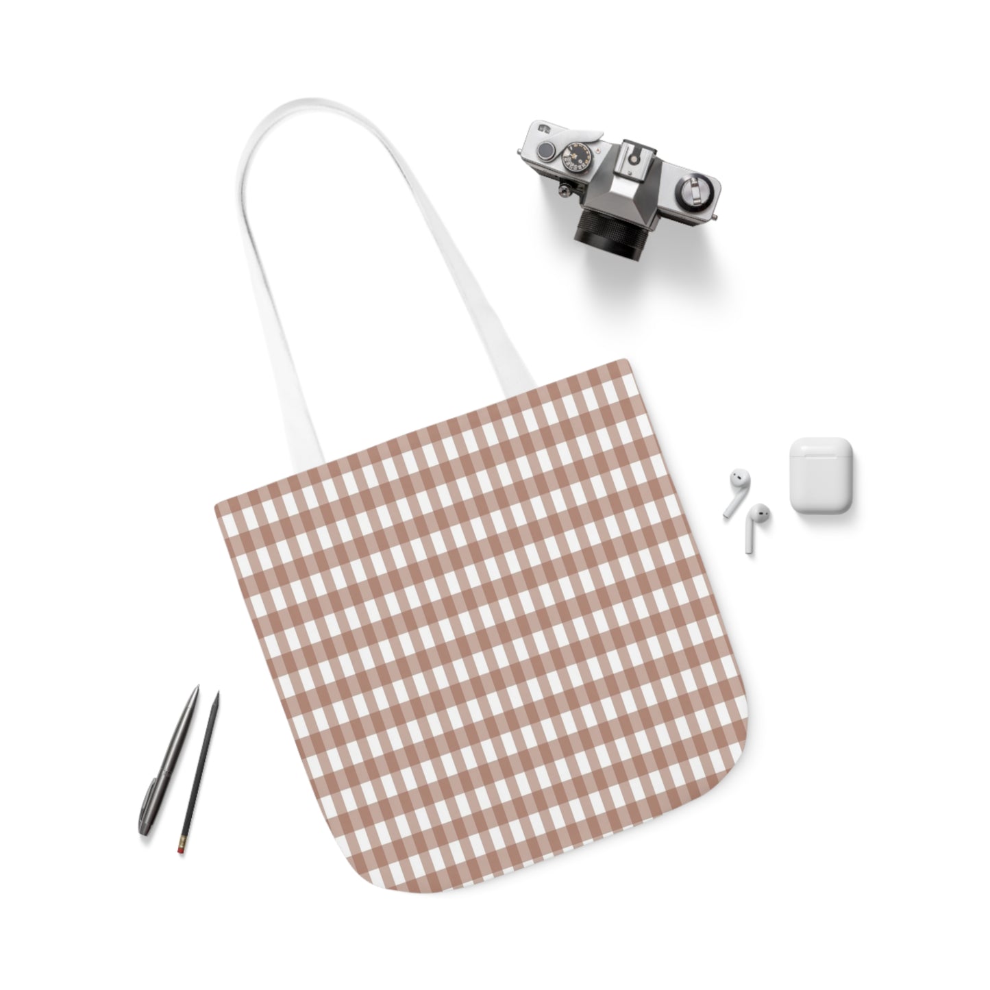 Mocha Brown Check Pattern Shoulder Tote Bag