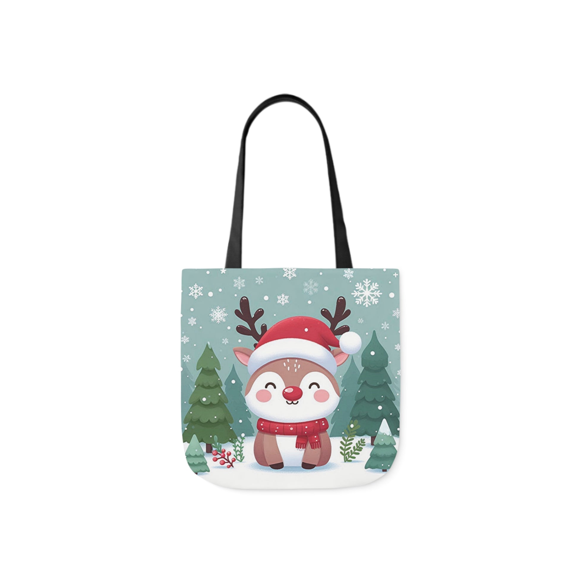 A canvas shoulder tote bag with a design of a smiling reindeer in a snowy forest.