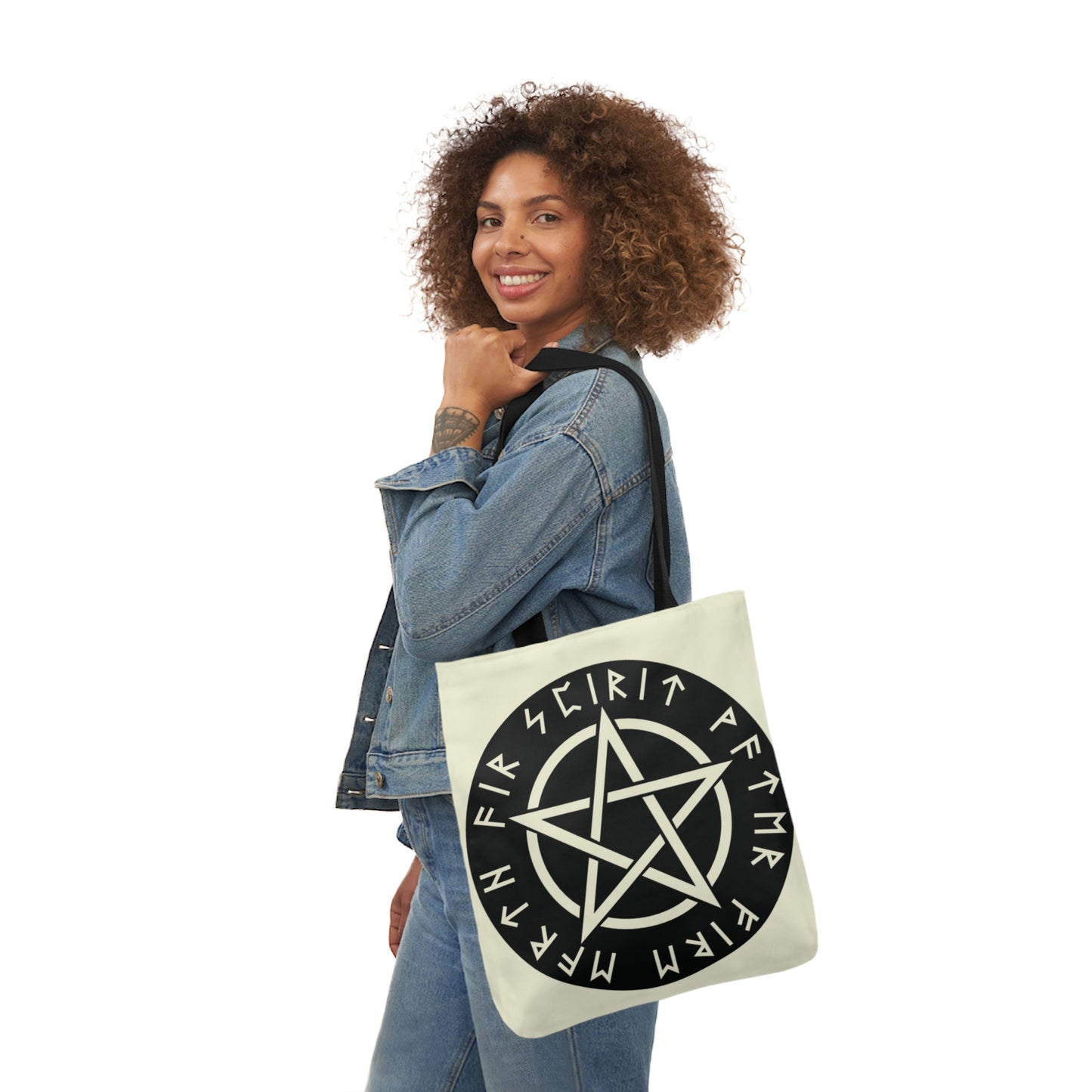 Wiccan Black Runic Pentagram Shoulder Tote Bag