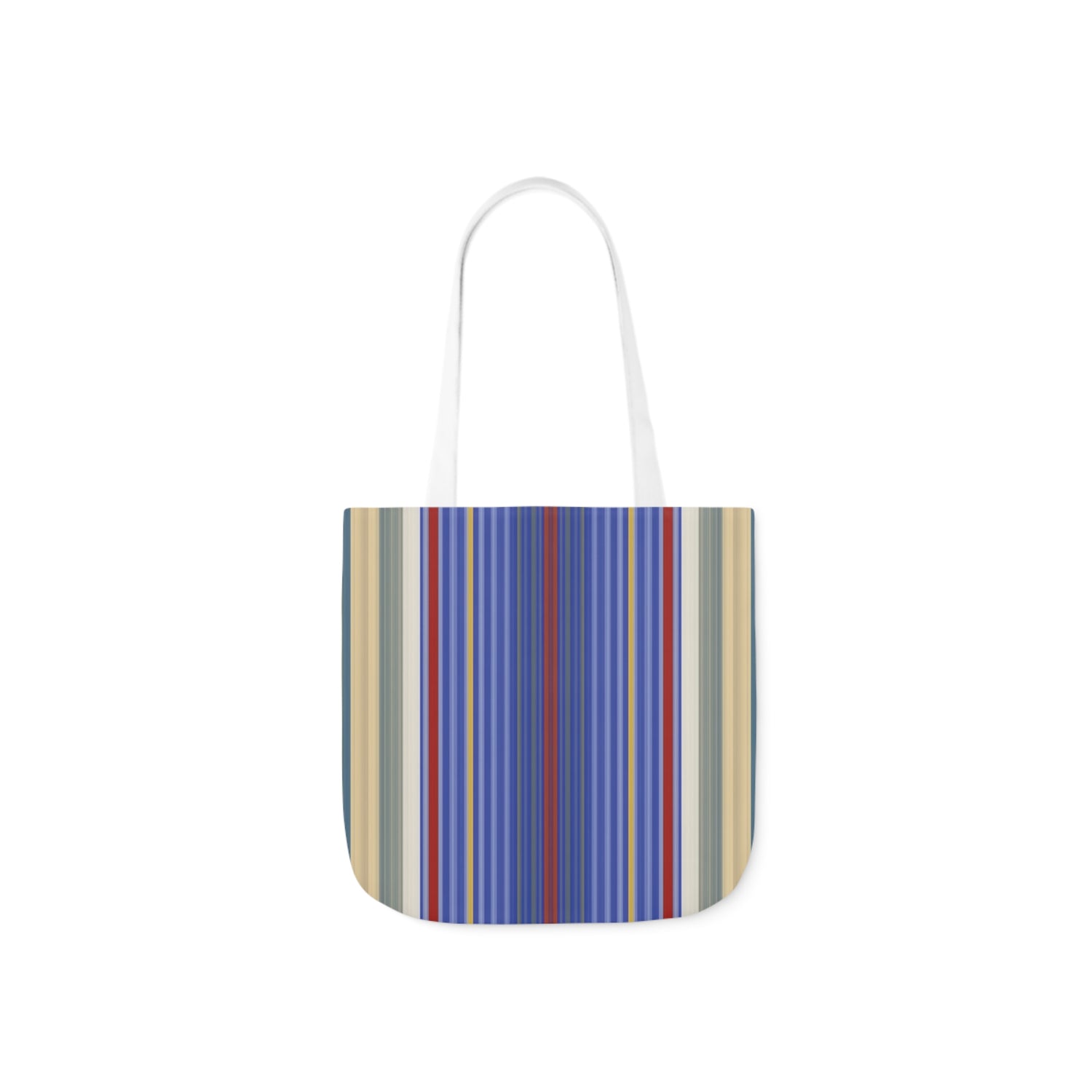 A canvas shoulder tote bag with a design of multi-coloured stripes pattern.