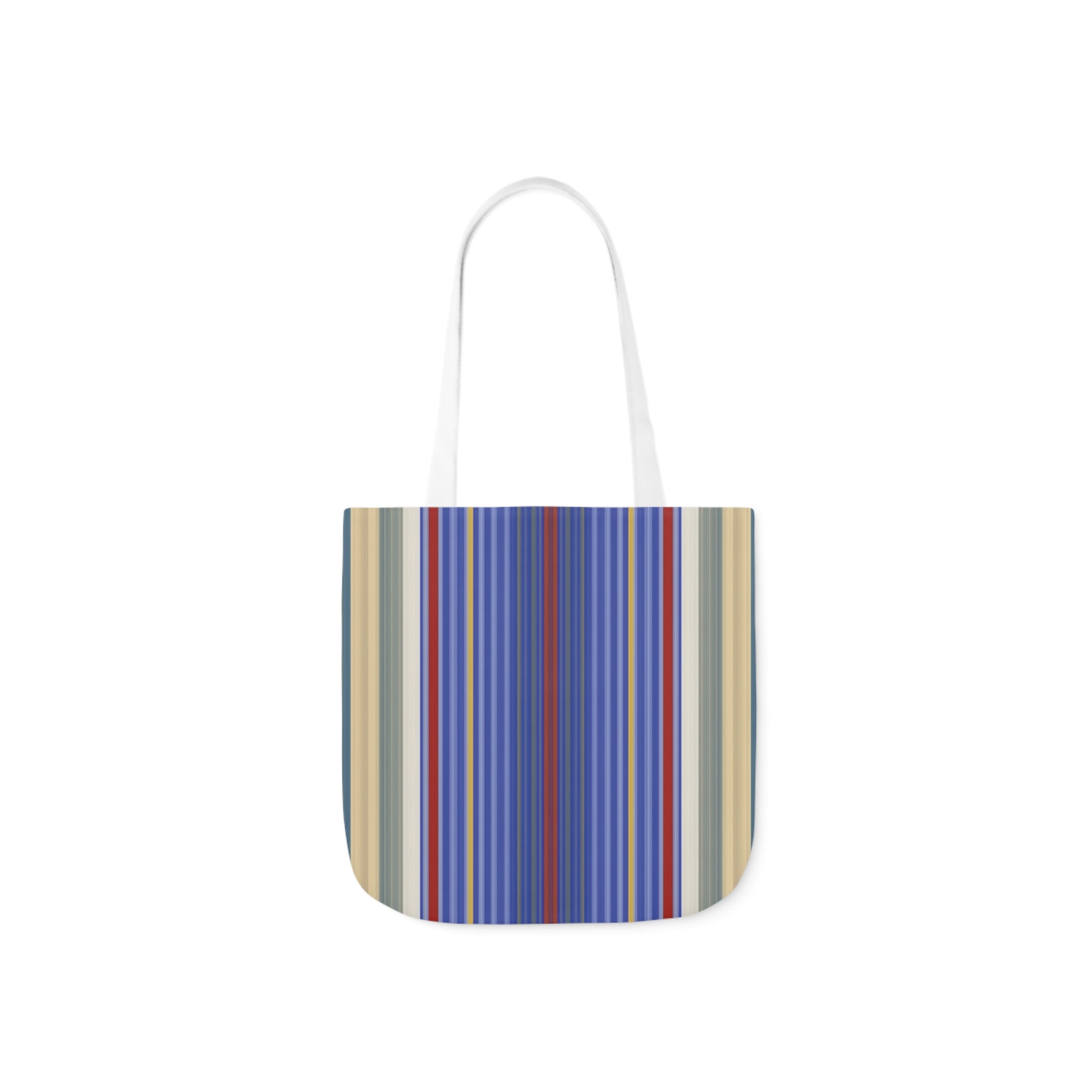 A canvas shoulder tote bag with a design of multi-coloured stripes pattern.