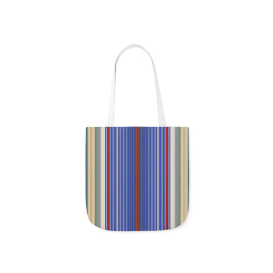 A canvas shoulder tote bag with a design of multi-coloured stripes pattern.