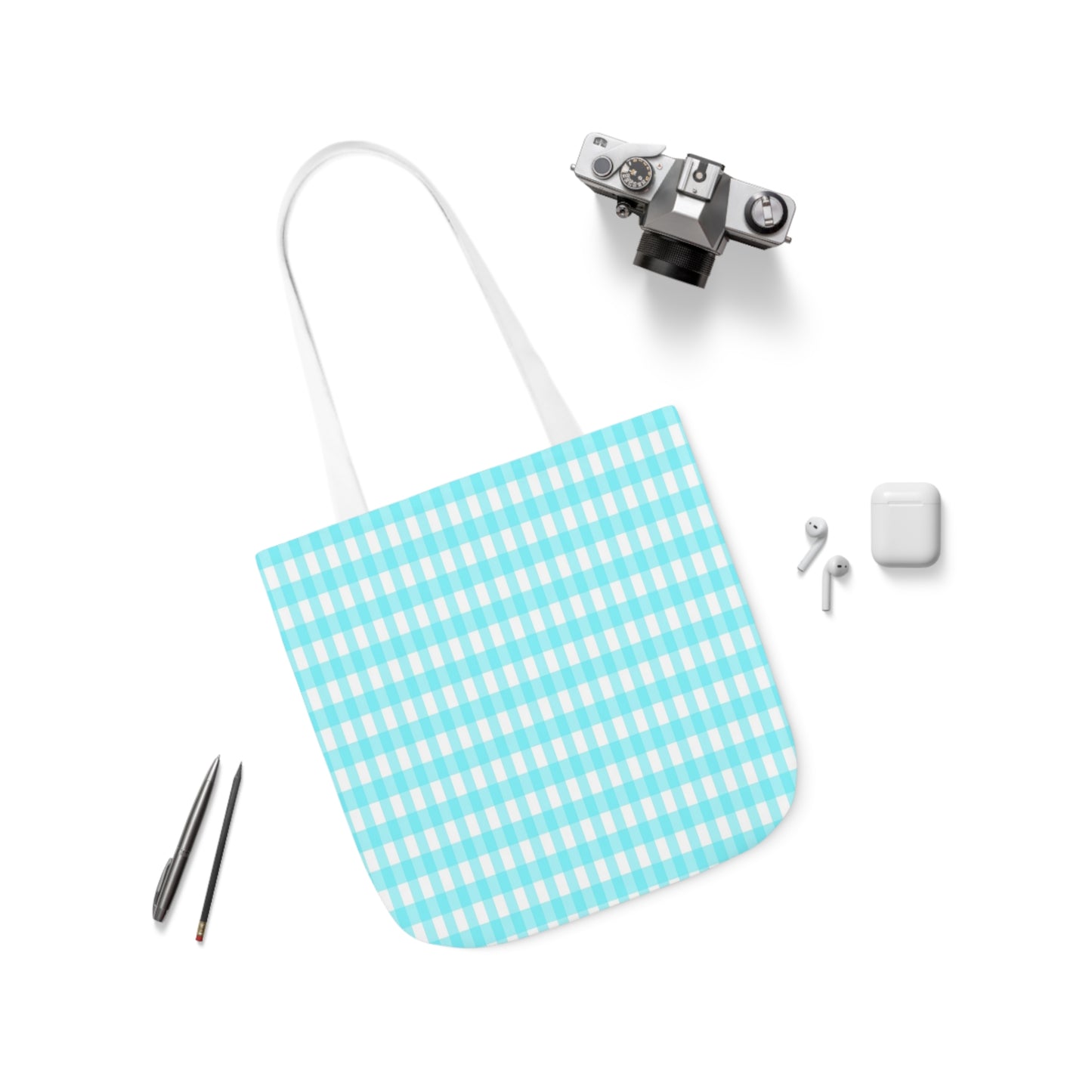 Aqua Blue and White Check Pattern Shoulder Tote Bag