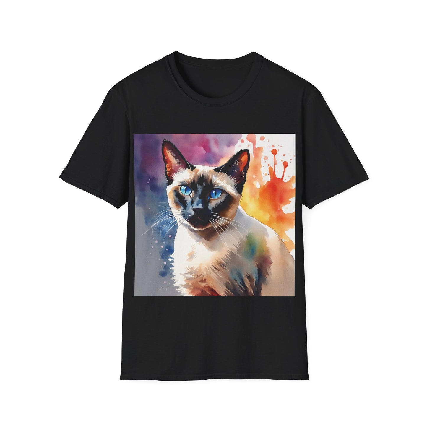 A black t-shirt with a watercolour painting of a siamese cat.