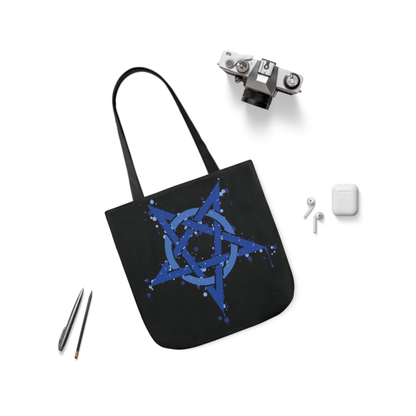 Blue Inverted Spotted Pentagram Shoulder Tote Bag