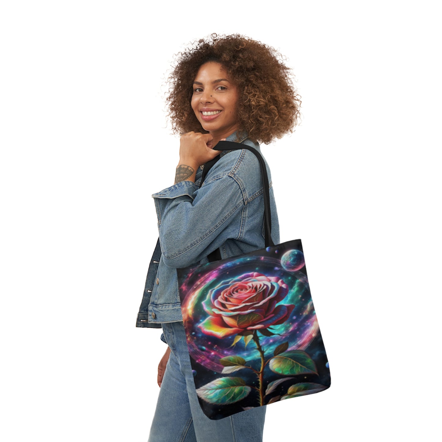 Rainbow Rose Cosmic Space Flower  Shoulder Tote Bag