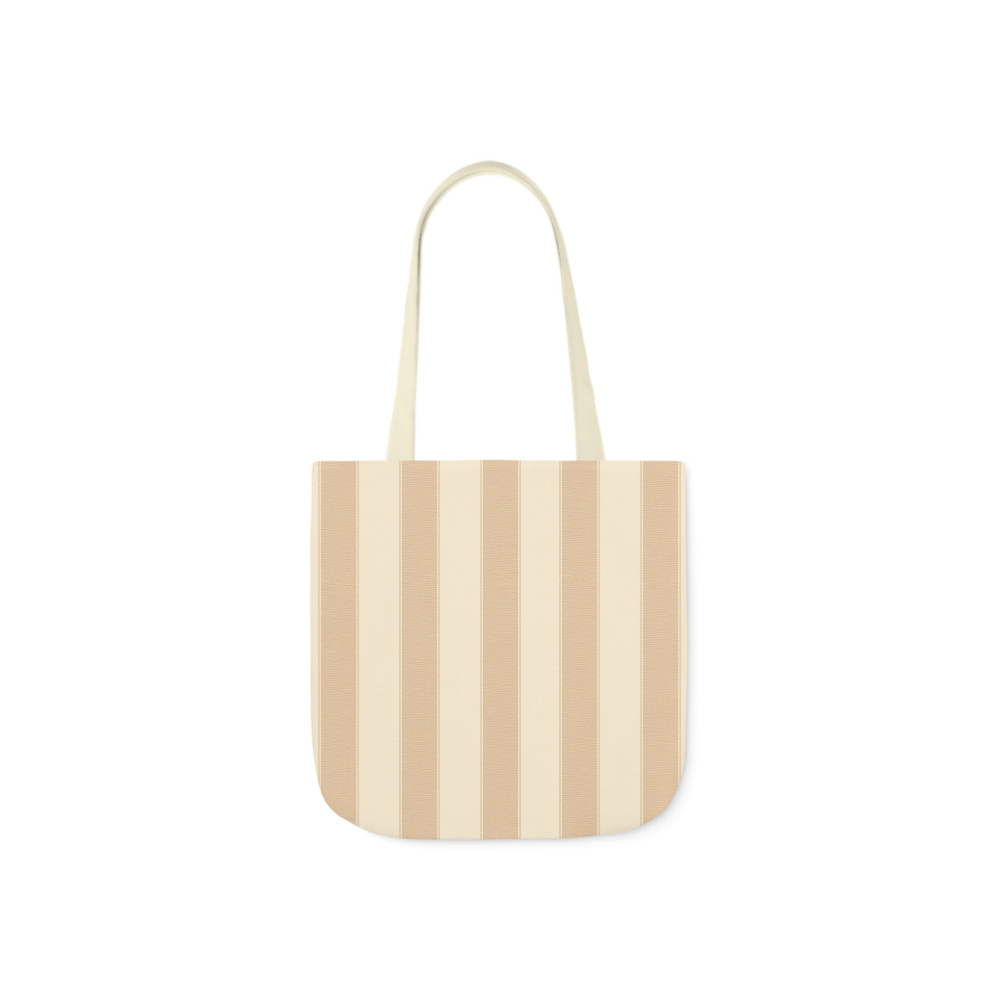 A canvas shoulder tote bag with a design of latte and almond brown stripes pattern.