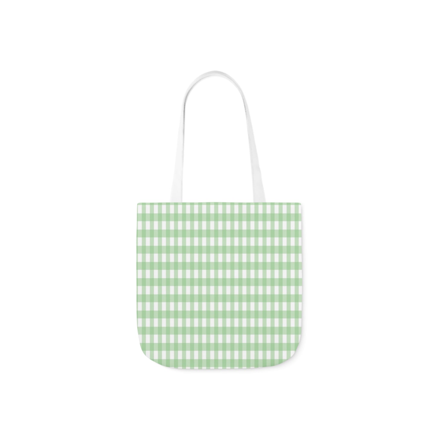 A canvas shoulder tote bag with a design of a mint green check pattern.