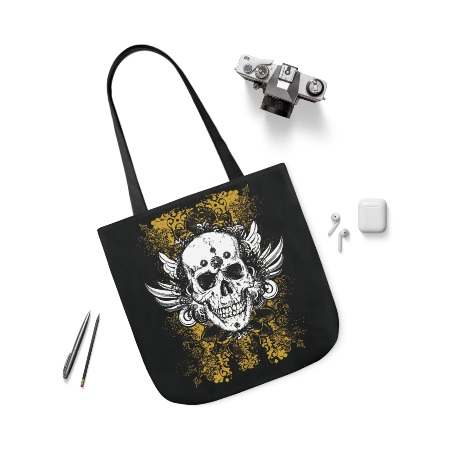 Vintage Grunge Skull Wings Yellow Lace Graffiti Shoulder Tote Bag