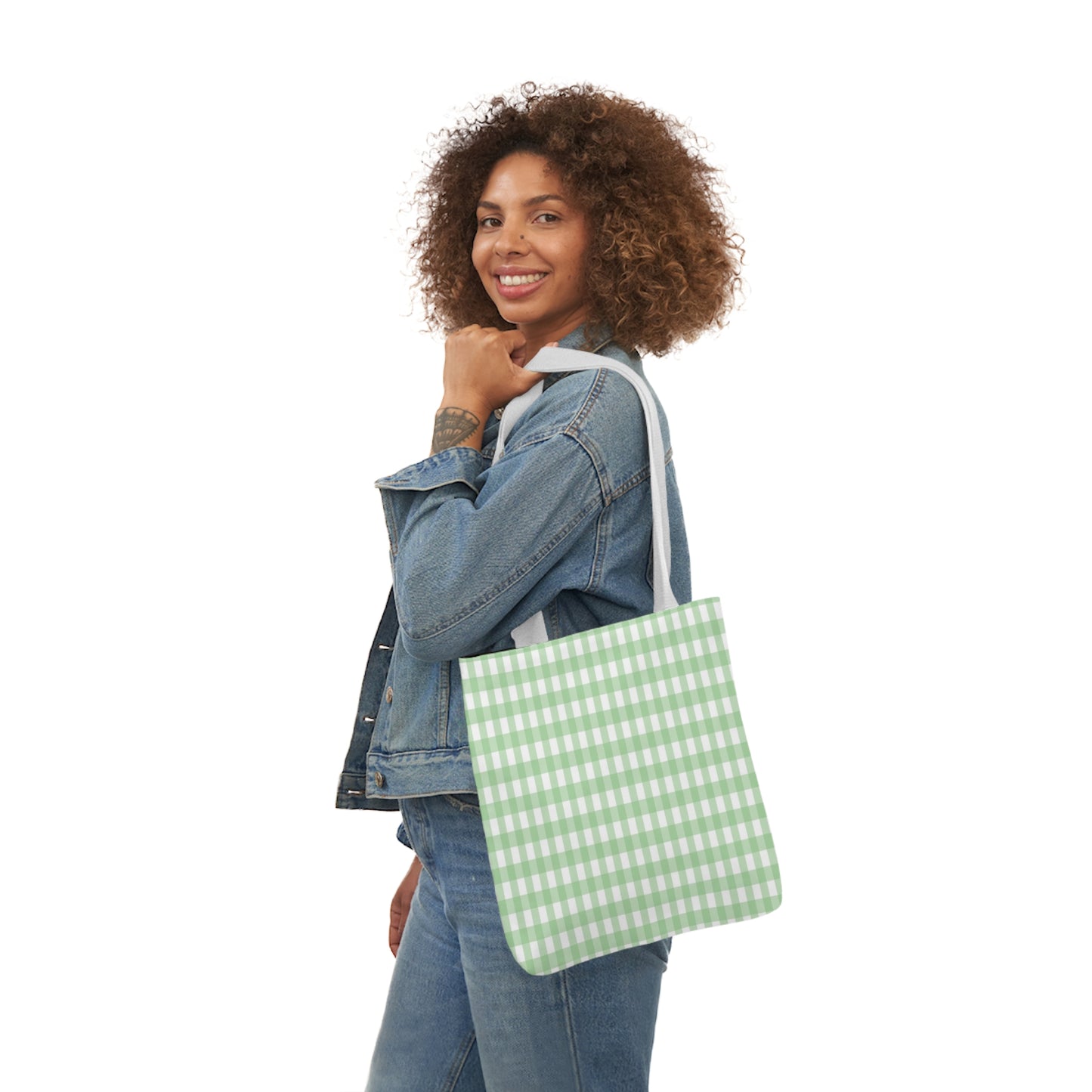 Mint Green Check Pattern Shoulder Tote Bag