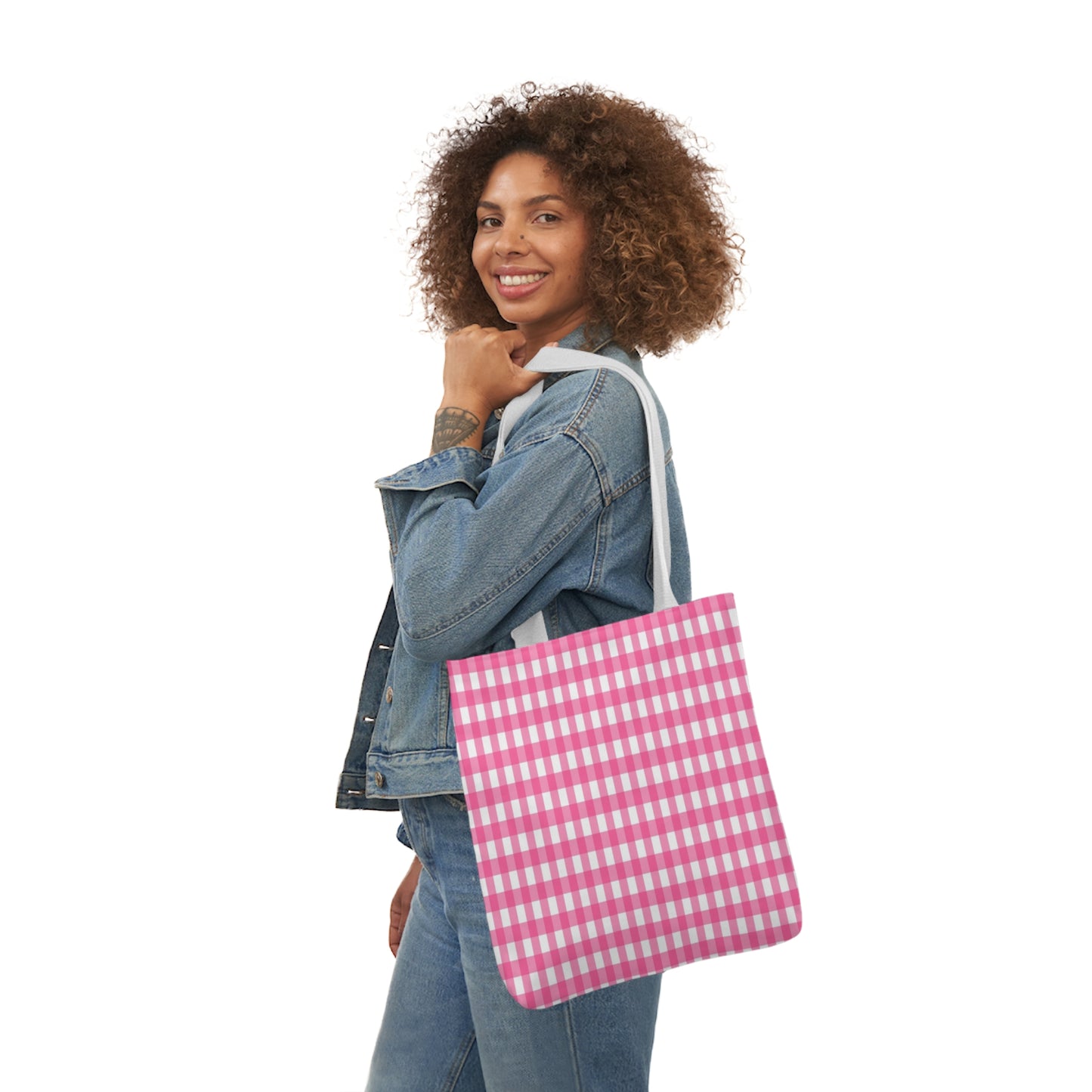 Pink Check Pattern Shoulder Tote Bag