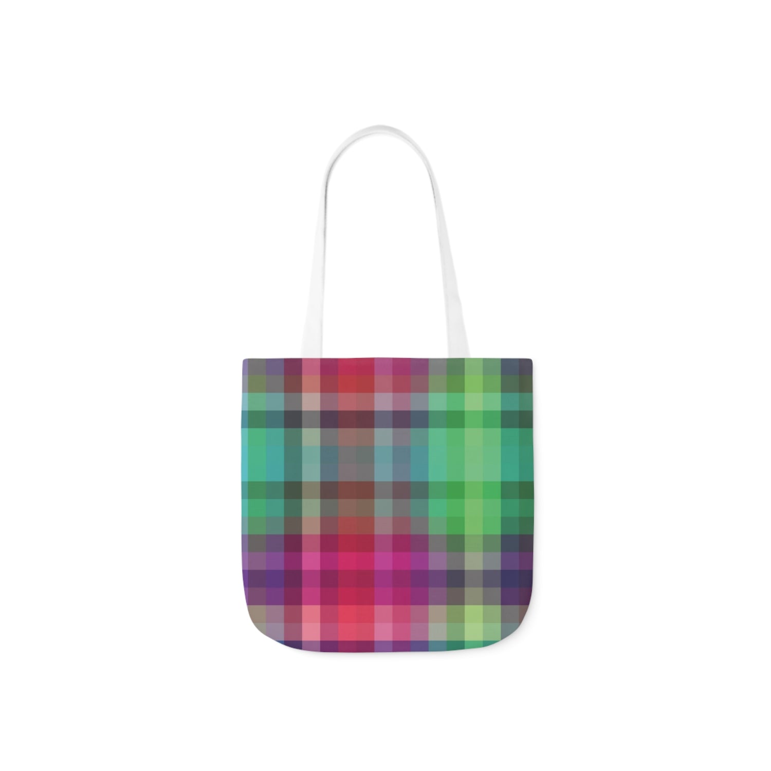 A canvas shoulder tote bag with a design of a pink and green rainbow multi colour tartan pattern