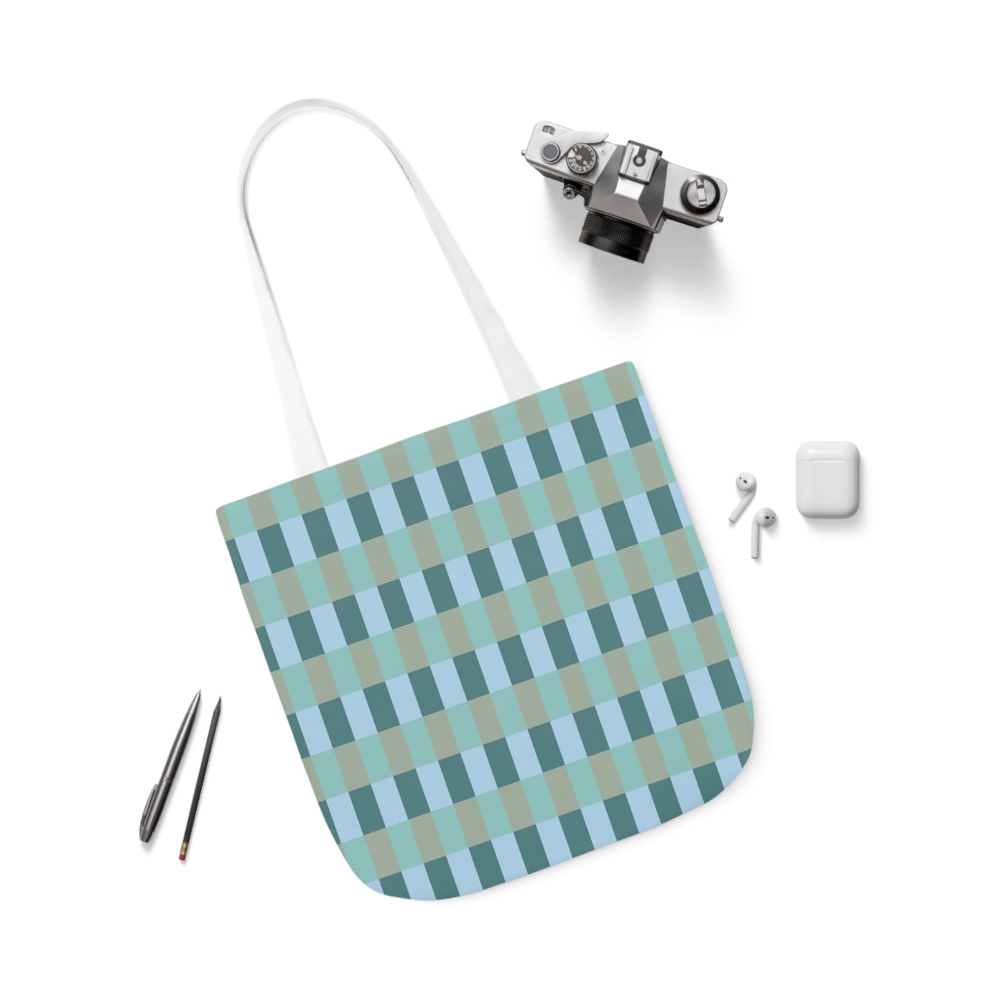 Blue And Green Gingham Check Pattern Shoulder Tote Bag